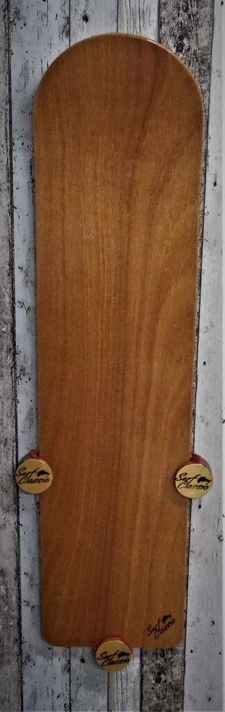 Wooden Belly Board 1200mm high 300mm wide Steam bent Nose. Aeshetically pleasing with shiny varnish finish and 80mm Surf Classic Burnt Logo at Right Hand Bottom of tail